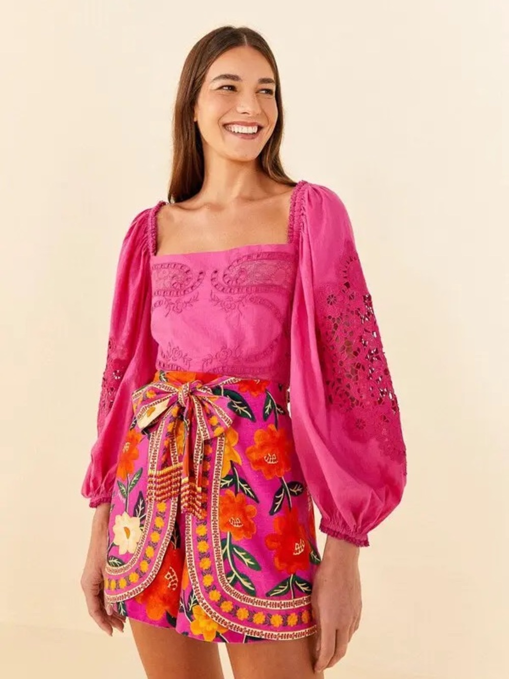 Farm Rio Pink Lace Long Sleeve Top Blouse S